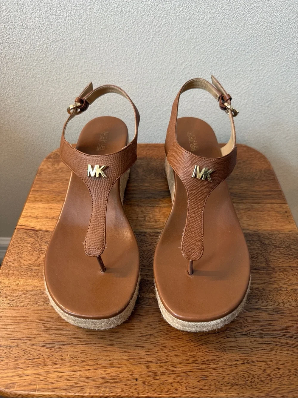 Michael Kors Tan Leather Espadrille Wedge Sandals with Gold MK